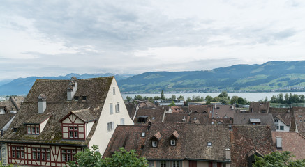 Fototapeta na wymiar high angle view of the historic old town of Rapperswil with Lake Zurich behind