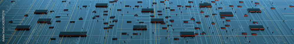 Poster Printed circuit board futuristic server/Circuit board futuristic server code processing. Orange,  green, blue technology background with bokeh. 3d rendering