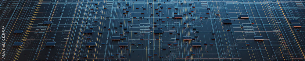 Poster Printed circuit board futuristic server/Circuit board futuristic server code processing. Orange,  green, blue technology background with bokeh. 3d rendering