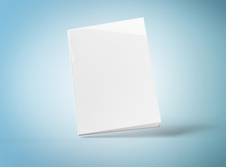 Blank hardcover book mockup floating on blue 3D rendering