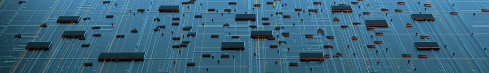 Printed circuit board futuristic server/Circuit board futuristic server code processing. Orange,  green, blue technology background with bokeh. 3d rendering