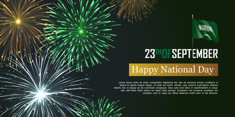 Happy national day of Kingdom of Saudi Arabia. Horizontal print card vector design with realistic dazzling display of fireworks. Patriotic holiday and traditional festival celebrated 23th of September