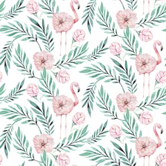 Dekokissen Hand drawn watercolor tropical bird flamingo seamless pattern . Exotic rose bird illustrations, jungle tree, brazil trendy art. Perfect for fabric design. Aloha collection. © kris_art