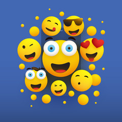 Fototapeta premium Various Smiling Happy Yellow Emoticons on Blue Background, Vector Concept Illustration