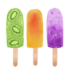 Set of nice fruit popsicles isolated on white background. Watercolor hand drawn illustration.