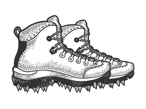 Climber hiking boots with spikes sketch engraving vector illustration. Scratch board style imitation. Black and white hand drawn image.