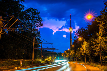Germany, Famous landmark of stuttgart city the television tower, called fernsehturm by night with...