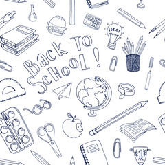 Back to school doodle style design. Black and blue seamless vector background for design on notebooks, diaries, albums or web sites of schools and education.