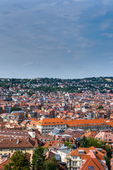 Fototapeta na wymiar Germany, Stuttgart city district west houses, buildings, streets and church of st elisabeth from above on sunny day in summer