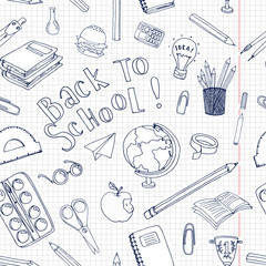 Back to school doodle style design. Black and blue seamless vector background for design on notebooks, diaries, albums or web sites of schools and education.