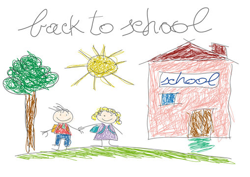 Back to school. Children in front of the school. Vector drawing made by a child.