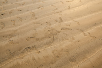 close up of footprints on the beach with golden sand