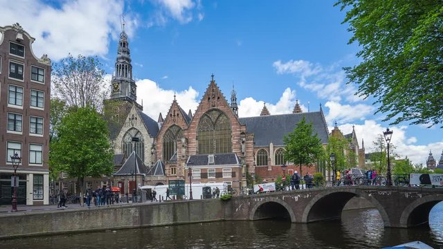 Amsterdam canal city with Rude Church in Netherlands time lapse