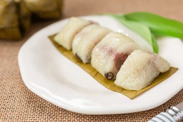 Thai dessert sticky rice or Khao Tom Mad, Wrapped the banana in sweet sticky rice