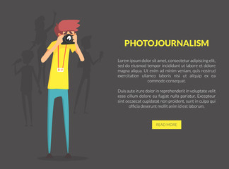 Photojournalism Landing Page Template with Space for Text, Professional Photographer Taking Picture with Photo Camera Vector Illustration
