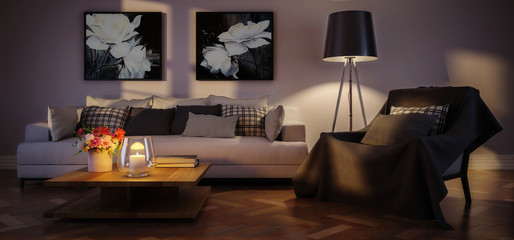 Modern living room interior with artwork by artificial light (panoramic) - 3d illustration