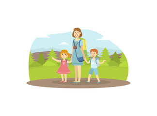 Obraz na płótnie Canvas Happy Family Travelling, Mother, Son and Daughter Trekking to Nature, Mom and Her Two Kids Walking in Forest, Travel, Vacation, and Summer Adventure Vector Illustration
