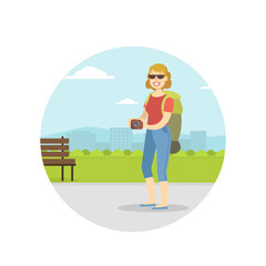 Woman Travelling with Backpack on Summer Vacation, Female Tourist Sightseeing and Taking Photo with Camera Vector Illustration
