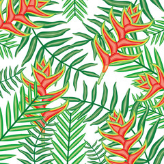 tropical heliconias flowers and leafs plants pattern