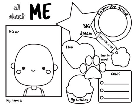 All About Me. Writing Prompt For Kids Blank. Educational Children Page.
