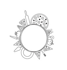 Pizza Background for Menu, Cards, Blogs, Banners. Hand Drawn Pizzeria Template for your text inside.  Circle Frame with ingredients and utensils for design works. Vector illustration.
