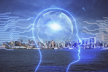 Brain hologram drawing on cityscape background multi exposure. Ai in modern city concept.