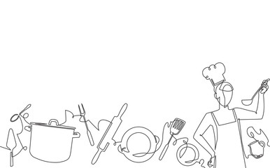 Cooking Seamless Pattern. Background with Empty Spase for Text . Continuous drawing style. Vector illustration.