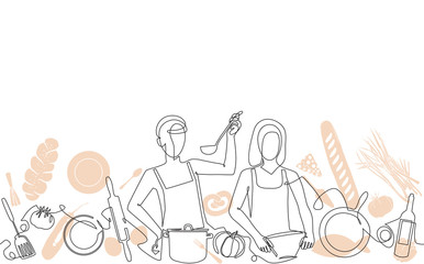 Cooking Seamless Pattern. Background with Empty Spase for Text . Continuous drawing style. Vector illustration.