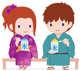 Fototapeta premium 可愛い旅人たち ベンチでかき氷 浴衣 タイプB