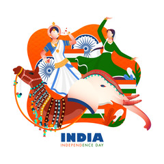 Naklejka premium Indian women in dancing pose with elephant face, camel and Ashoka Wheel for India Independence Day celebration. Can be used as poster or template design.