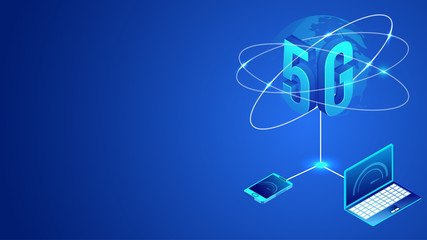 International worldwide 5G data internet network service concept, using internet data service connection of digital device laptop with smartphone on blue background, 3d illustration vector.