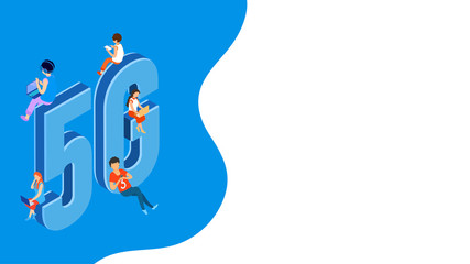 Isometric 5G network wireless systems and internet communication network with illustration of user using new modern service device on abstract background.
