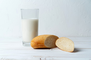 pieces wheat mini baguettes with milk. Simple nutritious breakfast.