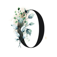 Number 0 with watercolor leaves. Perfectly for wedding invitation, greeting card, logo, poster and other floral design. Hand painting. Isolated on white background.