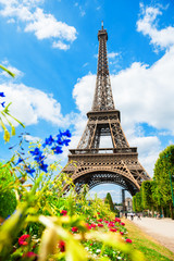View of Eiffel Tower from Champ de Mars in Paris, France. Famous travel destination