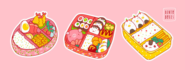 Naklejka premium Hand drawn bento boxes. Japanese lunch box. Various traditional asian food. Take-out or home-packed meal. Set of three colored trendy vector illustrations. Kawaii anime design. Pre-made stickers