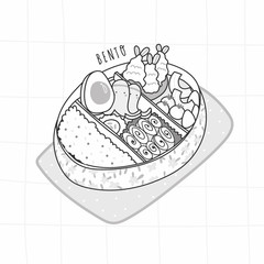 Hand drawn bento box. Japanese lunch box. Various traditional asian food. Take-out or home-packed meal. Black and white graphic trendy vector illustration. Kawaii anime design. Cartoon style