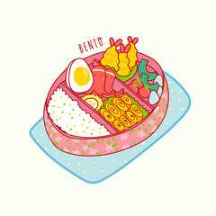 Hand drawn bento box. Japanese lunch box. Various traditional asian food. Take-out or home-packed meal. Colored trendy vector illustration. Kawaii anime design. Cartoon style