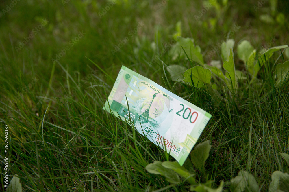 Wall mural banknote two hundred russian rubles. cash paper green money. with grass background