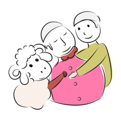 Flat style muslim man with his son and animal sheep character on white background. Can be used as greeting card design.