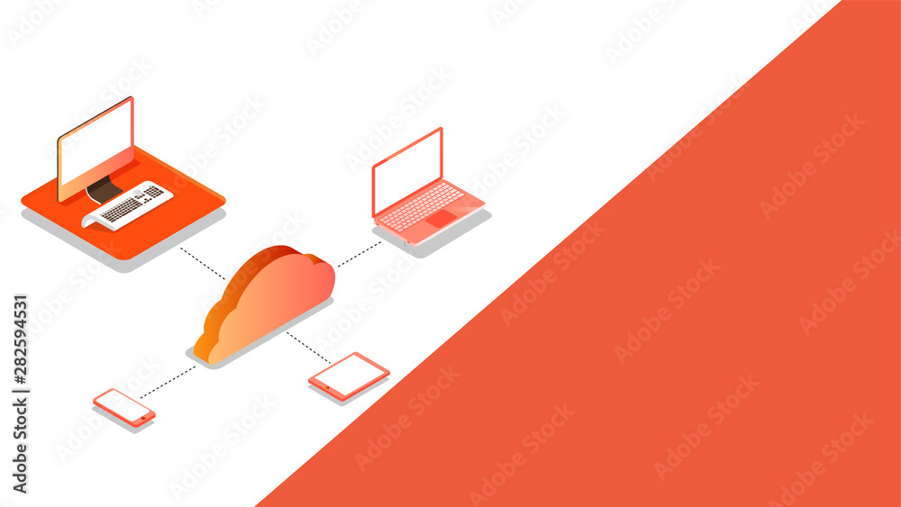 Sticker 3d isometric illustration of digital devices connected with cloud server for cloud storage or data s