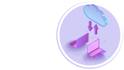 3D isometric illustration of laptop connected with cloud data server downloading and uploading for Data Management or Cloud Storage concept.