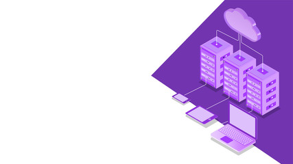 3D illustration of cloud server connected with three local server and digital devices for Cloud Storage concept based isometric design.