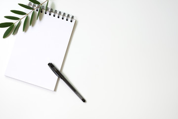 Flat lay, top view office table white desk. Workspace with notepad, pen, green leaf, and coffee cup on white background.