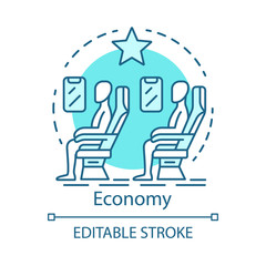 Economy class concept icon. Airplane cabin idea thin line illustration. Passengers sitting at plane salon. Flight in economy, low cost class. Vector isolated outline drawing. Editable stroke