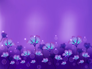 Fototapeta na wymiar Beautiful blooming flowers and bubbles decorated purple background. Can be used as greeting card or wallpaper design.