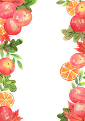 Apples and slice of orange with autumn leaves watercolor hand painting for decoration on autumn events.