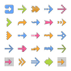Arrow types color icons set. Wavy, notched, striped double, arrowheads. Dotted, twisted, dashed next arrows. Right pointing sign. Navigation symbol. Direction move. Isolated vector illustrations