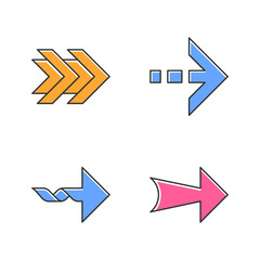 Arrows color icons set. Double, dotted, twisted, wide next arrows. Arrowhead showing right direction. Pointing symbol. Pointer, indicator. Direction move. Isolated vector illustrations