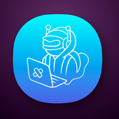 Hacker bot app icon. Virus robot. Cyber pirate attack, crime, cybercrime. Computer virus. Malicious software, AI. UI/UX user interface. Web or mobile application. Vector isolated illustration